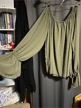 Off-the-Shoulder Olive Green Textured Blouson Sleeve Top